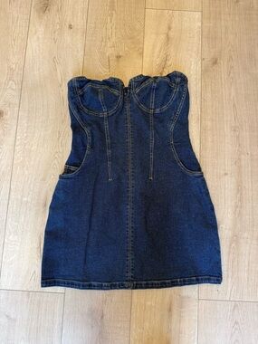 💙 Karina Grimaldi Dark Blue Strapless Denim Mini Dress